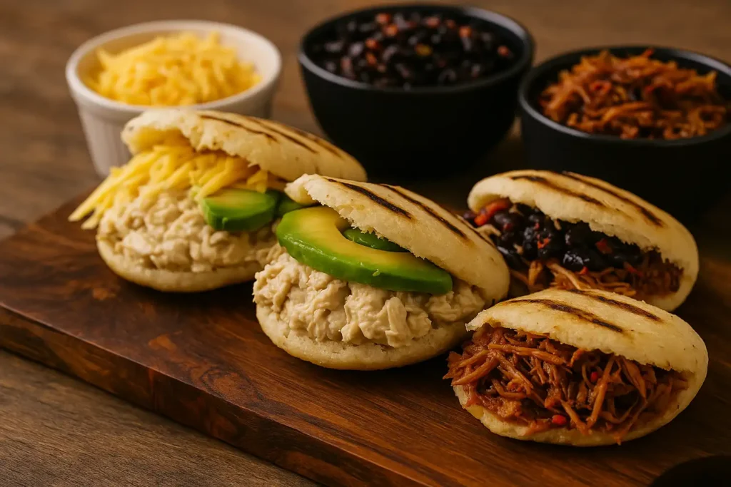 arepas venezolanas rellenas en margarita con carne mechada, reina pepiada y queso
