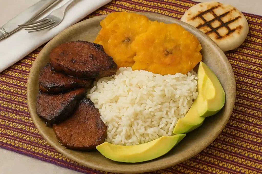 Asado negro en Margarita con arroz, tostones, aguacate y arepa