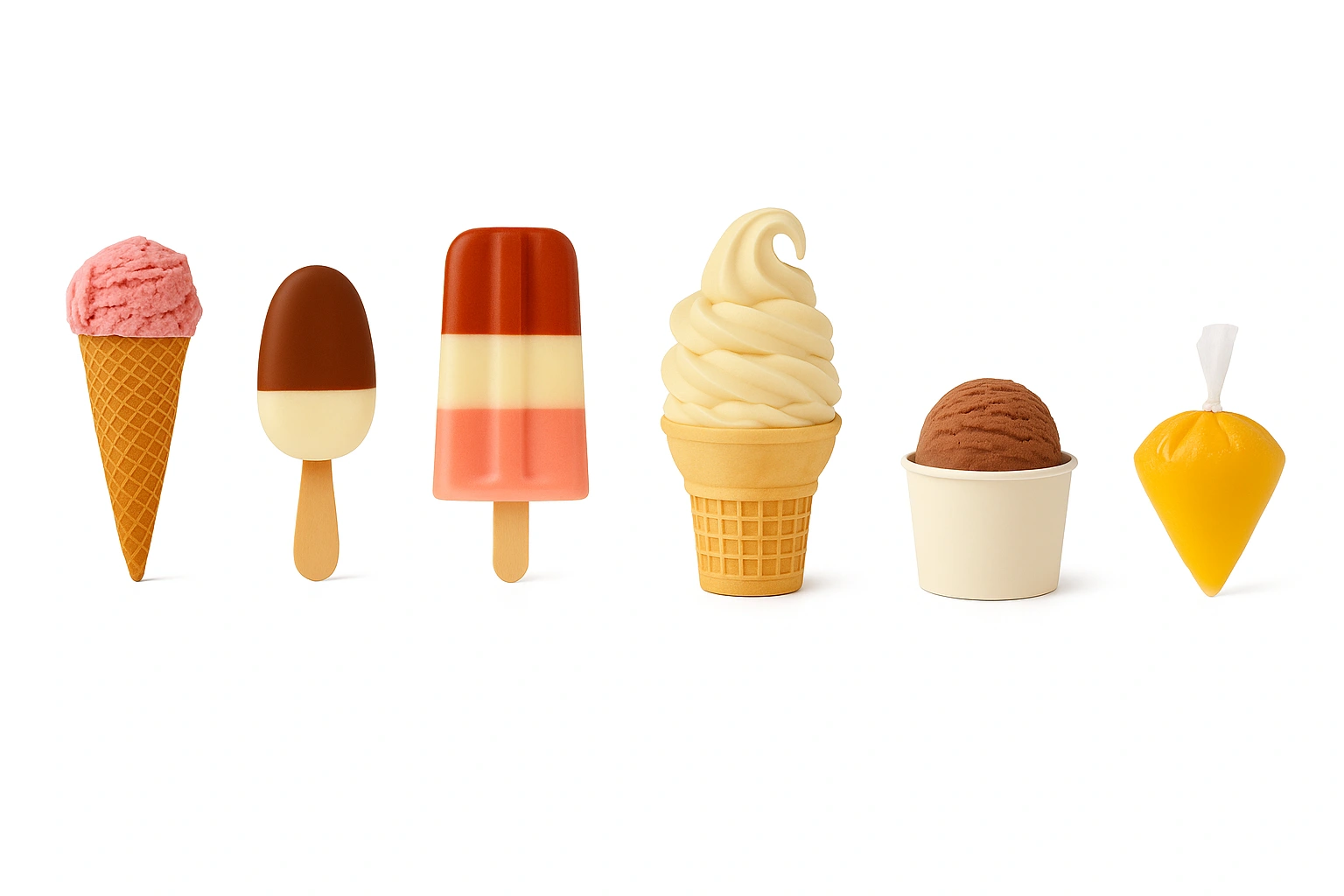 formas de helados en Margarita: cono, paleta, barquilla de máquina, tinita y teta de helado