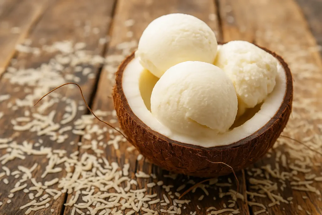 Helado de coco en Margarita servido en media concha, postre tropical cremoso
