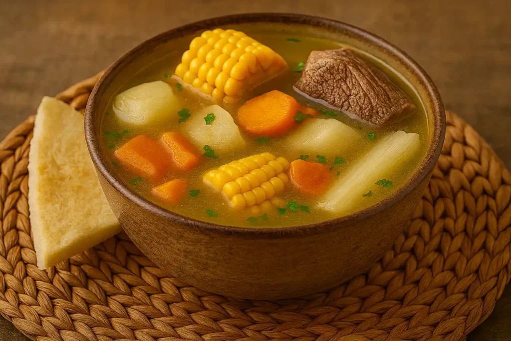 Hervido de res venezolano servido en plato hondo con verduras y maíz