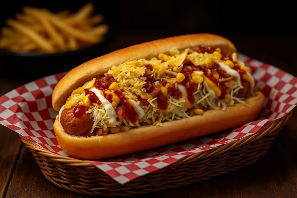 perro caliente venezolano con salsas, maíz y papas ralladas en Margarita