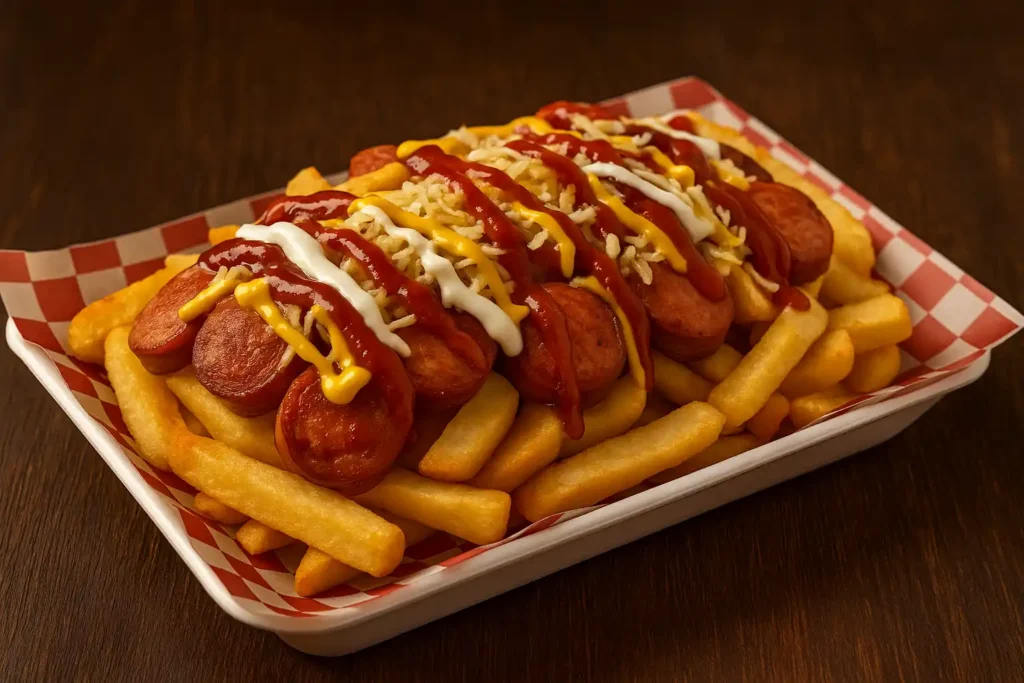 salchipapa venezolana con papas fritas doradas y salchichas en Margarita