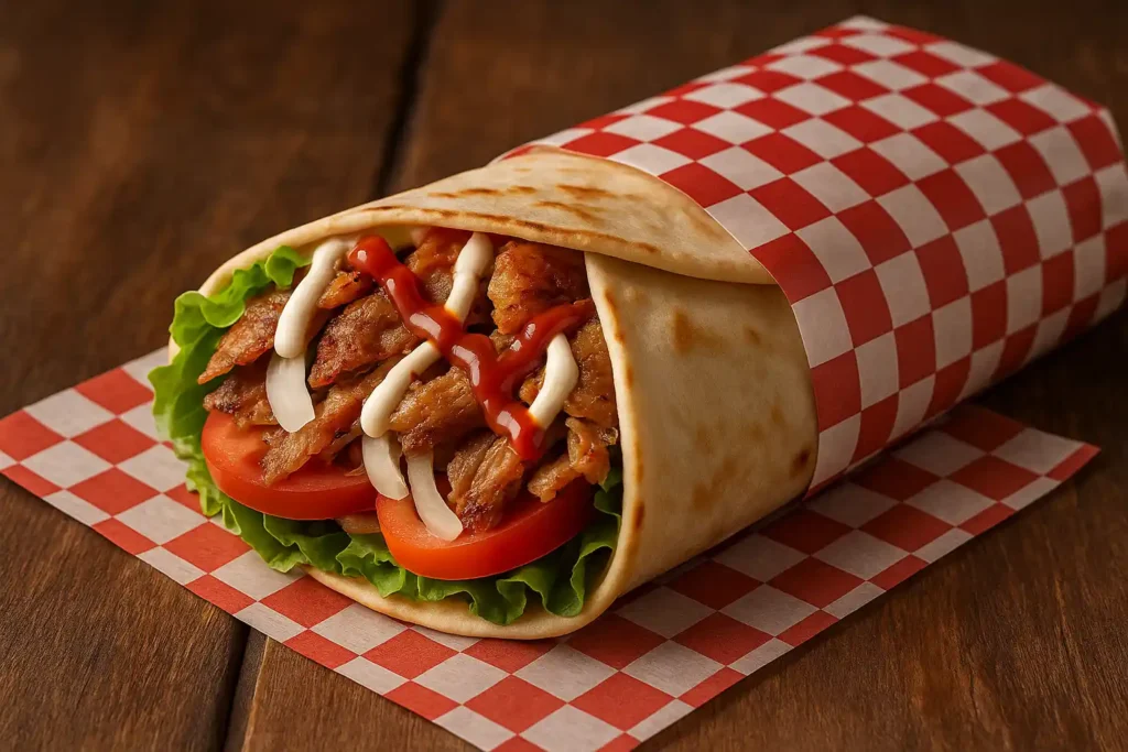 shawarma venezolano con pollo, vegetales frescos y salsas en comida rápida en Margarita