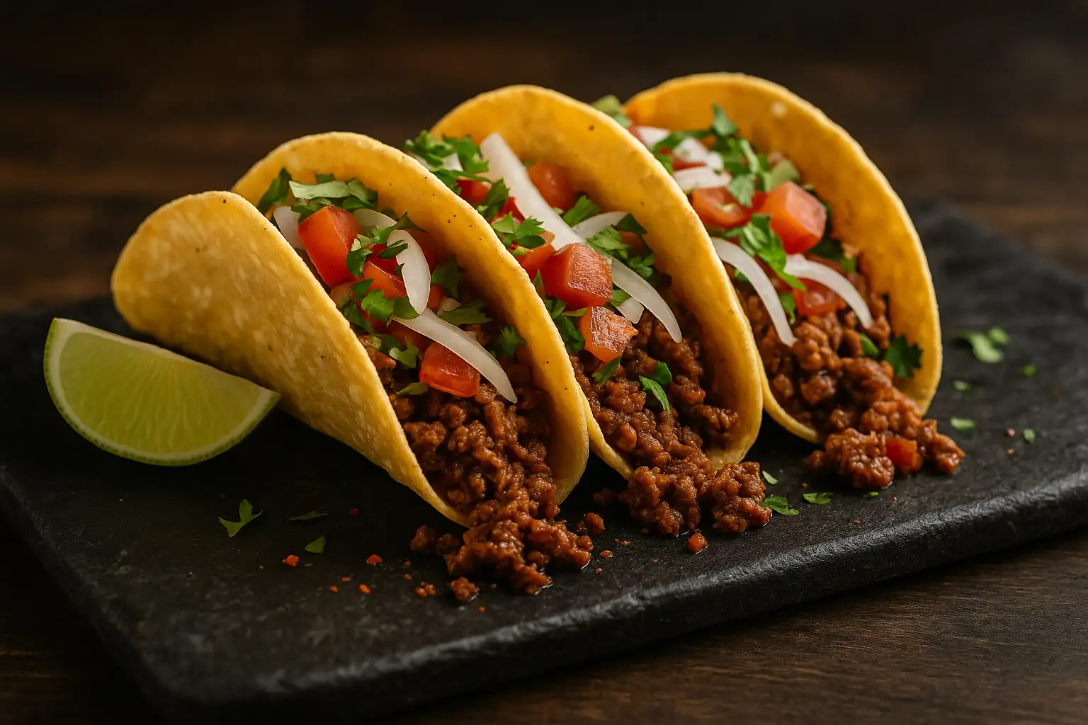 Tacos mexicanos en Margarita con relleno de carne y vegetales frescos, servidos con limón y salsas típicas
