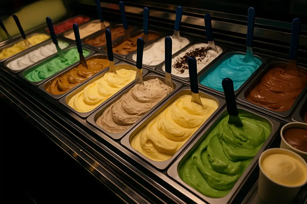 vitrina de helados artesanales con variedad de sabores en Margarita