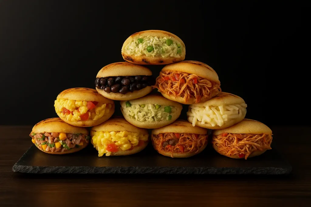 Arepitas rellenas variadas servidas como pasapalos en Margarita