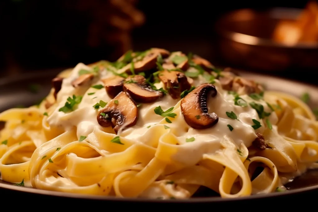 Pasta cremosa de hongos servida durante la cena en Margarita