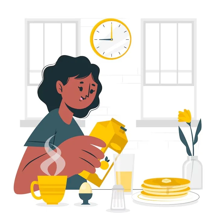 Comer en Margarita en el desayuno, ilustración de una mujer sirviendo jugo con desayuno fresco.