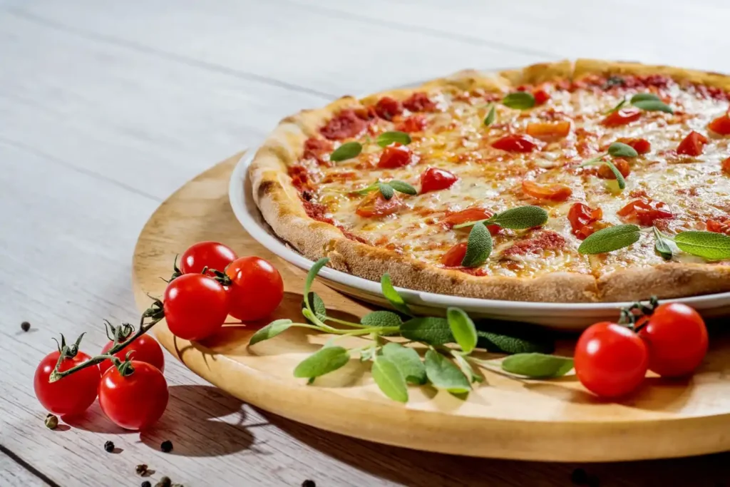 Pizza recién horneada con tomate y albahaca, una opción popular para comer en Margarita.