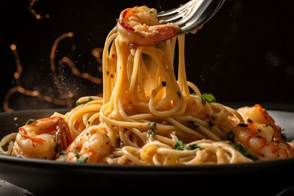 Pasta italiana con camarones en Pampatar.