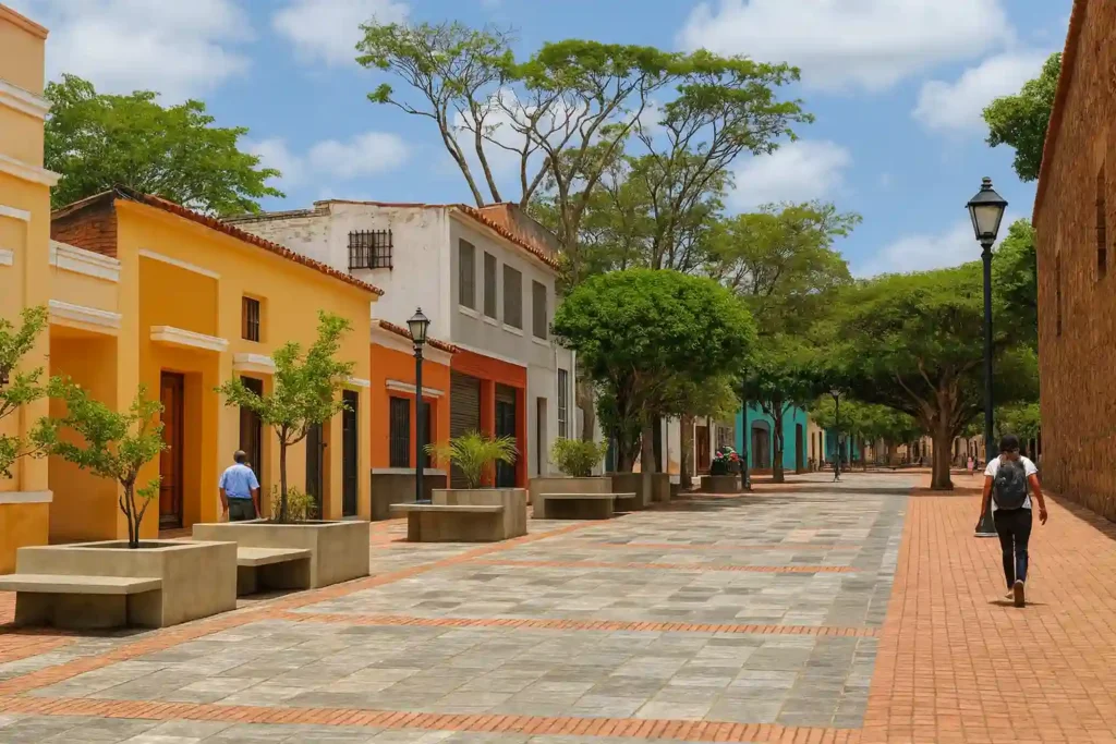 Paseo peatonal de La Asunción con casas coloniales, árboles frondosos y senderos de losas y ladrillo.