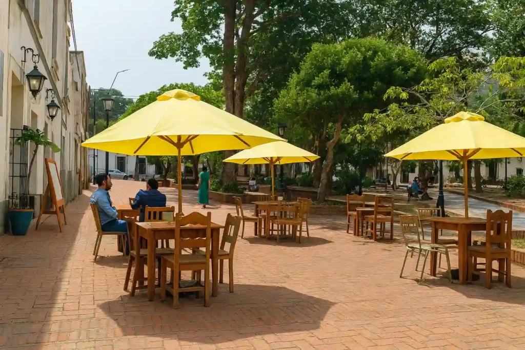 Terraza con mesas de madera y sombrillas amarillas en una zona peatonal de La Asunción, Margarita.