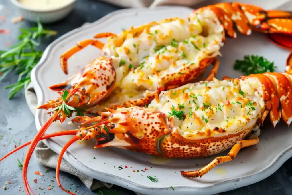 Langosta gourmet servida con mantequilla y hierbas frescas, un placer del mar que celebra la elegancia de Margarita.