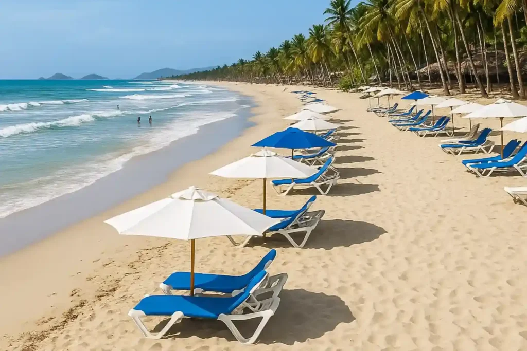Zona de tumbonas en Playa El Agua, área popular con restaurantes frente al mar.