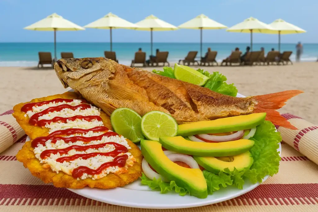 pescado frito venezolano con tostones y aguacate servido en la playa El Agua