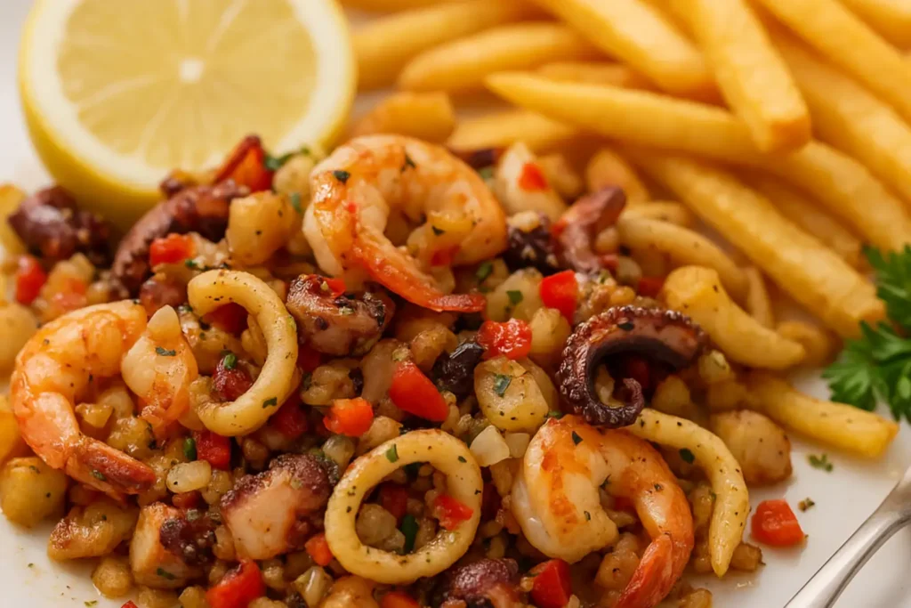 Parrilla de pescados y mariscos en Pampatar con camarones, calamares, pulpo y papas fritas.