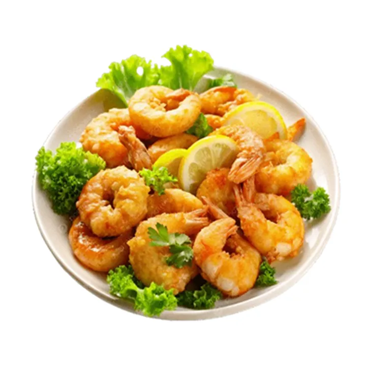 Plato de mariscos fritos con camarones, limón y perejil, típico de la gastronomía en Margarita.