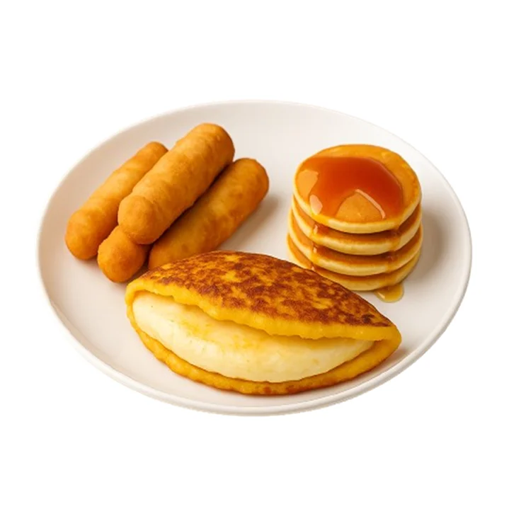 Plato de pasapalos venezolanos con empanaditas, tequeños y mini pancakes con sirope.