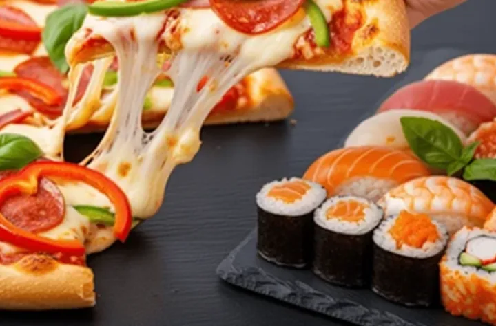 Cena en Margarita con opciones como pizza y sushi, ideales para disfrutar la noche en la isla.