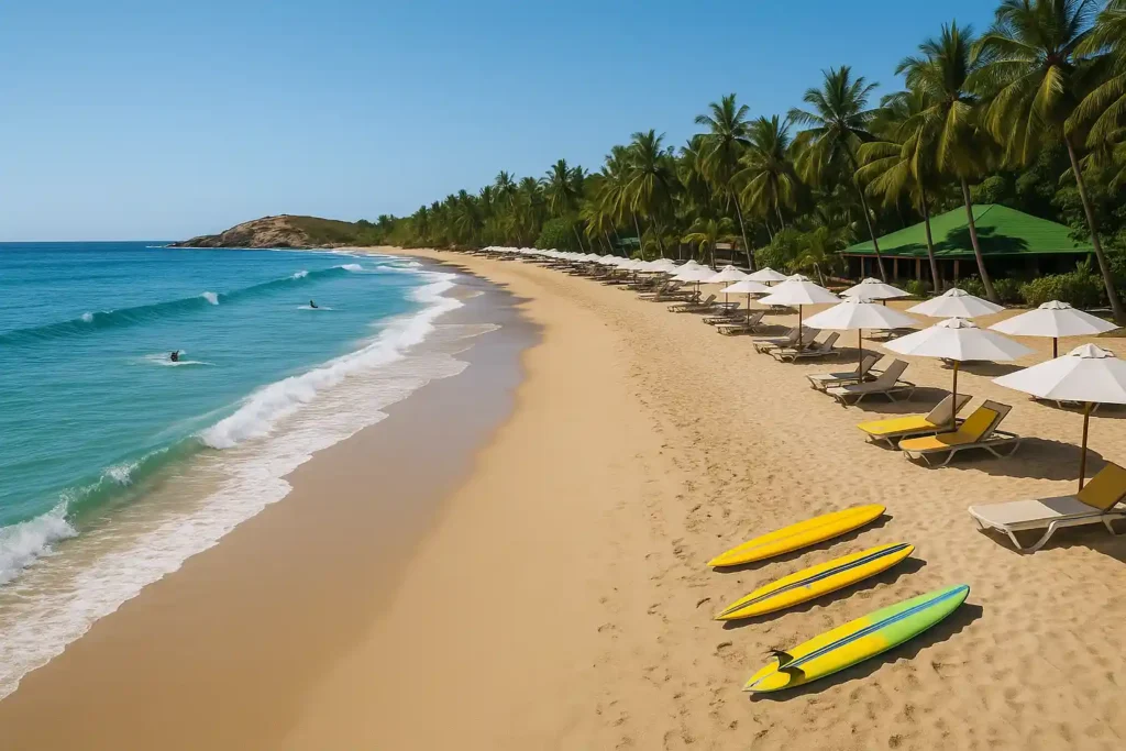 vista aérea lateral de playa parguito en margarita con tablas de surf en la arena