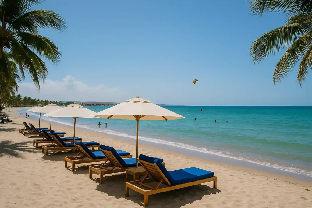 restaurantes en El Yaque con vista desde terraza hacia la playa y palmeras