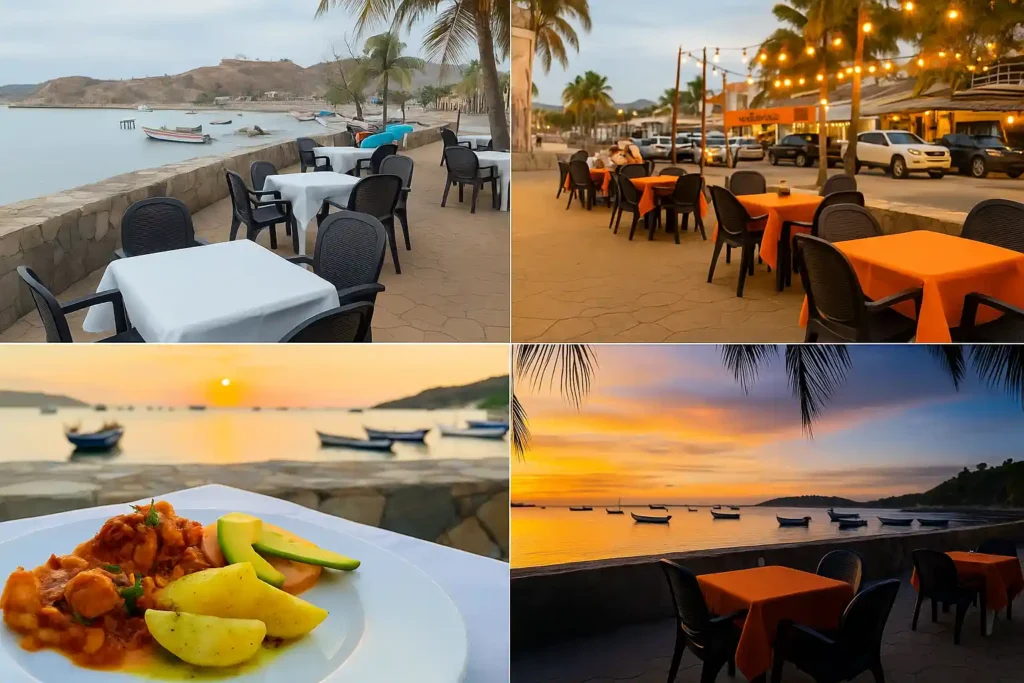 Collage de restaurantes en Juan Griego con mesas frente al mar, atardecer y platos típicos