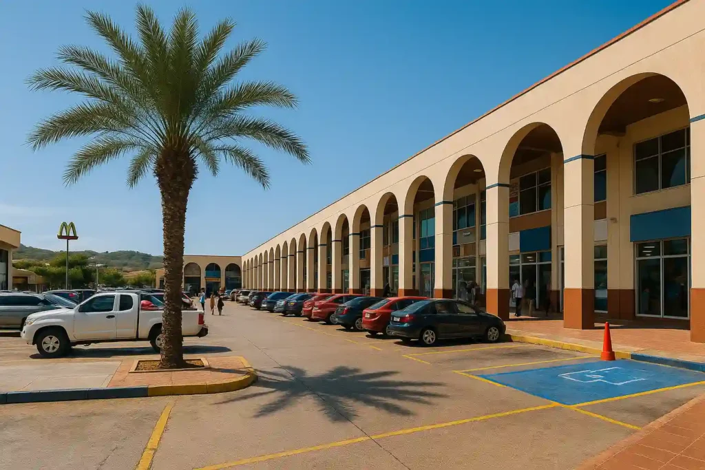 Fachada del centro comercial La Redoma en Los Robles con estacionamiento y arcos característicos.