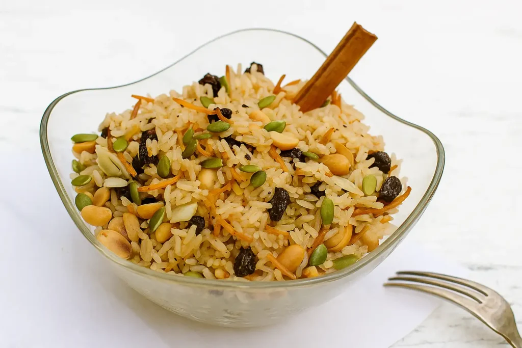 Arroz árabe con frutos secos, pasas, almendras y canela servido en tazón de vidrio