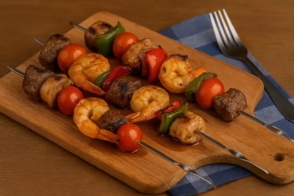 Brochetas mar y tierra con camarones, carne y vegetales asados servidas sobre tabla de madera.