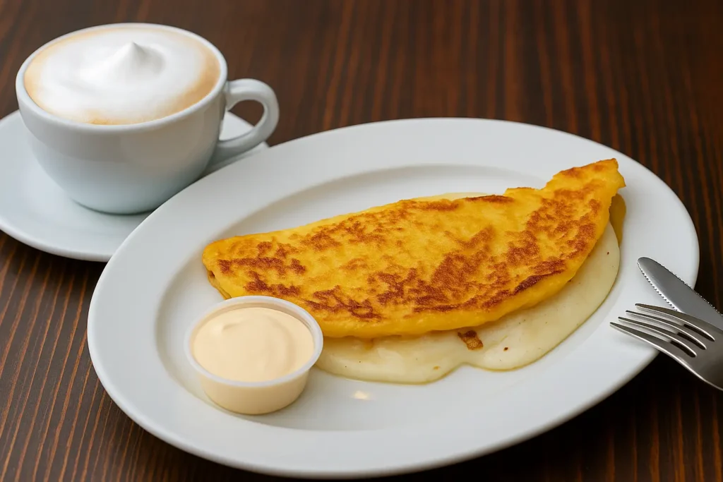 Cachapa venezolana con queso de mano y nata, servida con café en Margarita