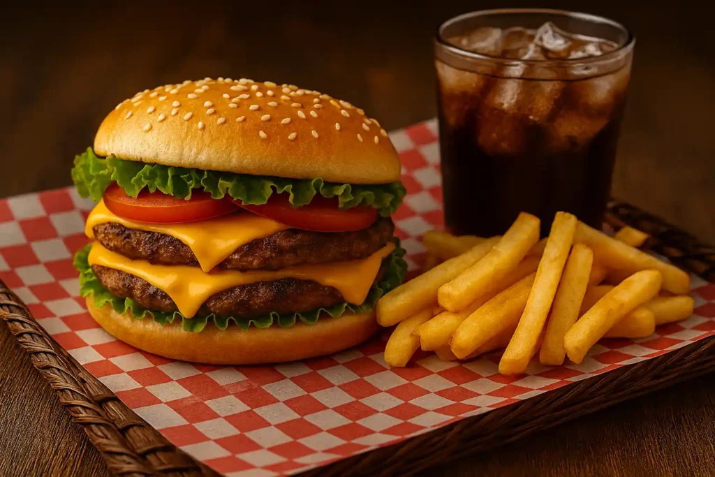 Hamburguesa doble con queso, papas fritas doradas y refresco en comida rápida en Margarita