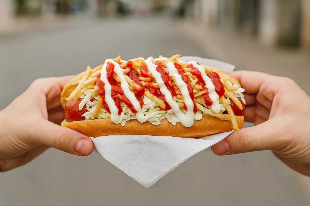 Perro caliente venezolano con papitas, salsas y ensalada servido en Punta de Piedras.