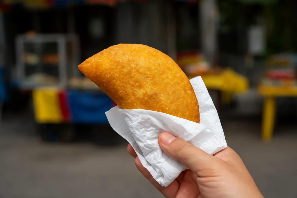Comida venezolana en El Valle con empanada frita servida en puesto informal