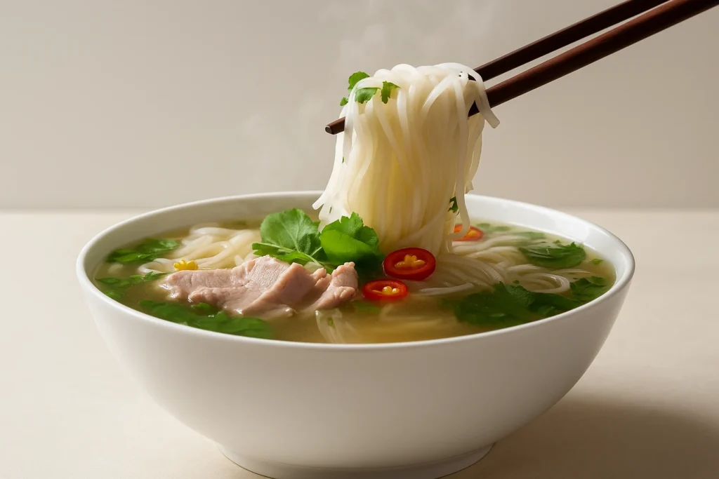 Fideos de arroz salteados con pollo, vegetales y especias al estilo chino