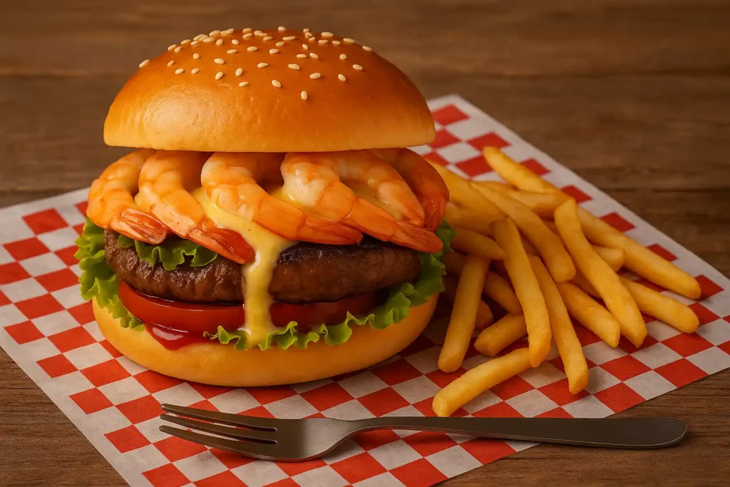 Hamburguesa mar y tierra con camarones, carne y papas fritas sobre papel de cuadros rojos.