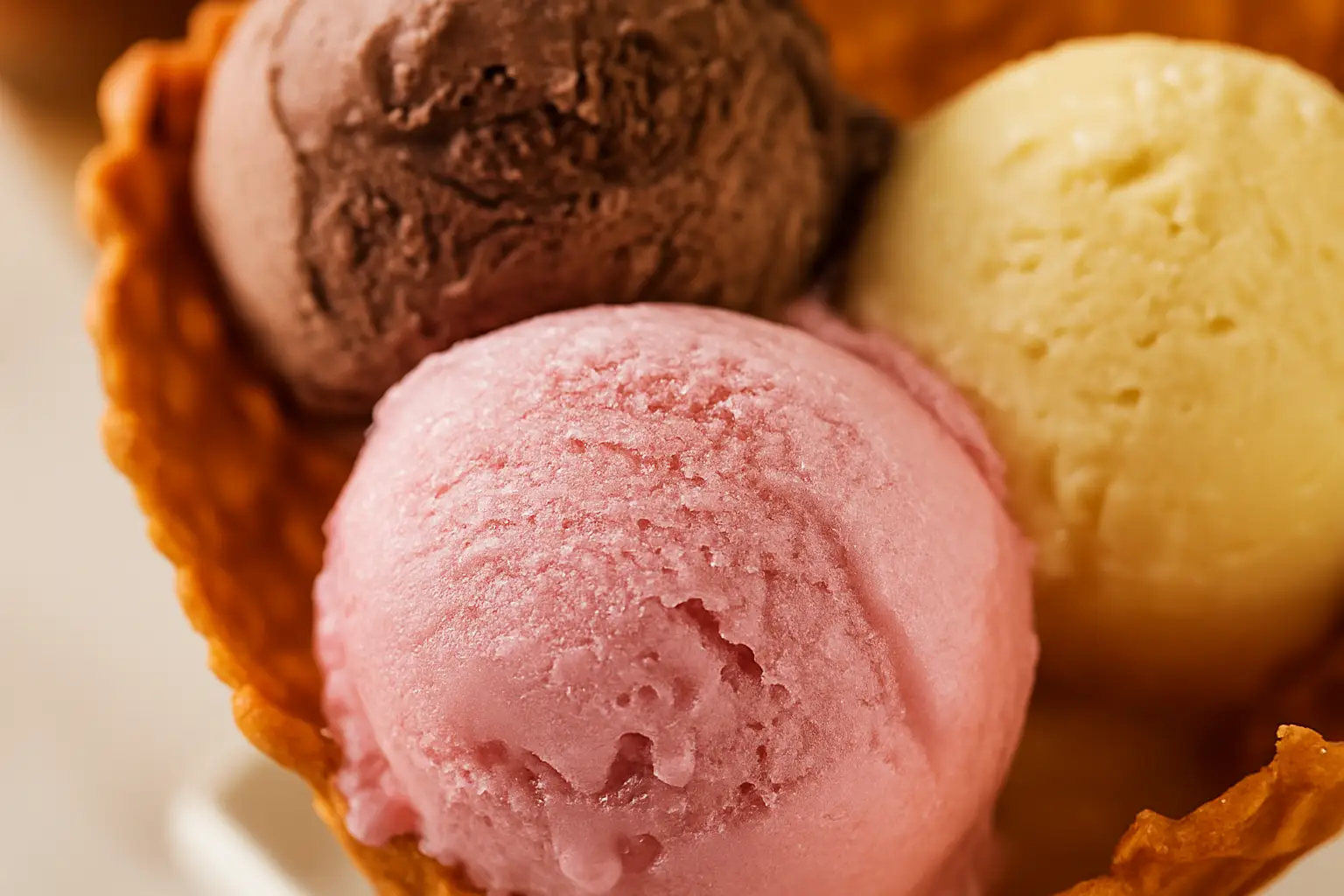 Helado de chocolate, fresa y vainilla en Margarita