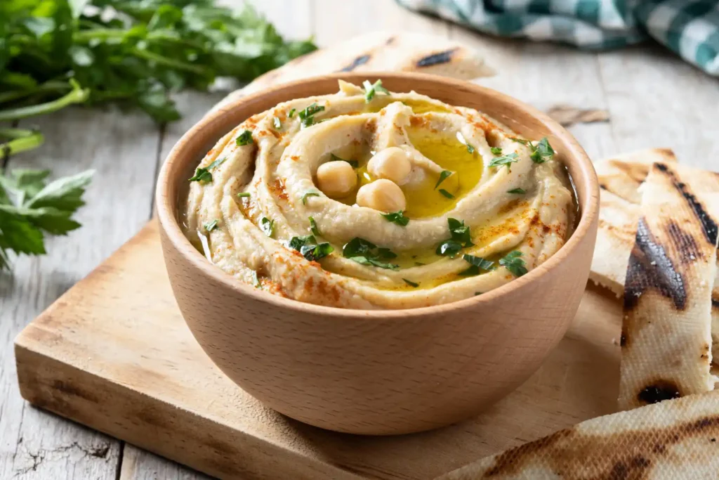 Hummus de garbanzos con aceite de oliva y perejil fresco, acompañado de pan pita artesanal