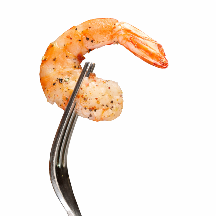 Mariscos en Margarita, camarón cocido servido en tenedor sobre fondo blanco