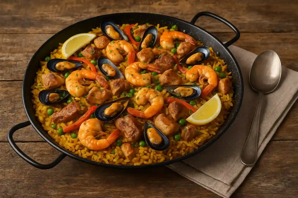 Paella mar y tierra con camarones, calamares, pollo y cerdo servida en paellera negra sobre mesa rústica.