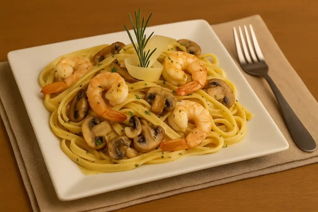 Fettuccine con camarones y hongos salteados en salsa cremosa, servido en plato cuadrado.