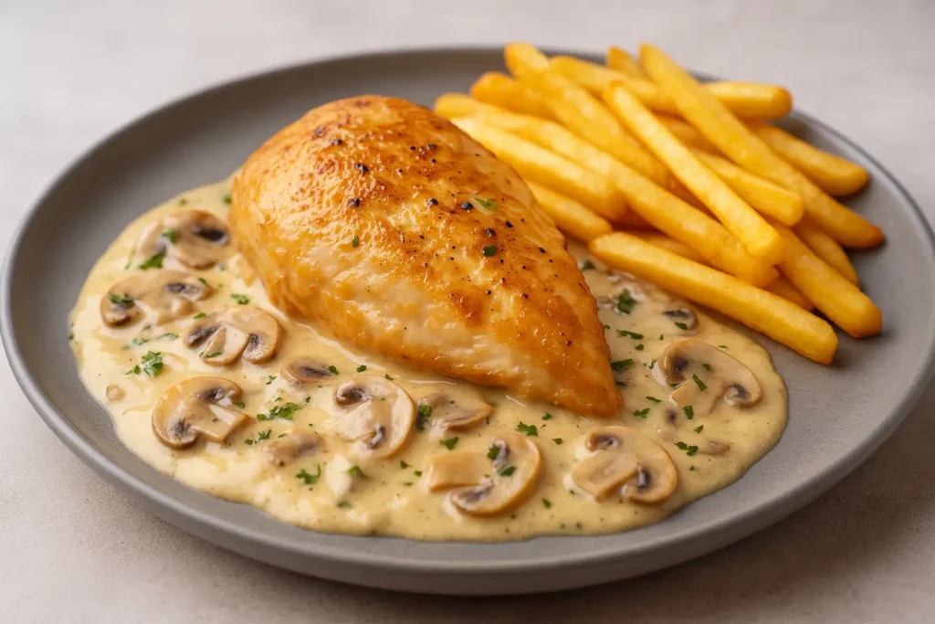 Pechuga de pollo en salsa cremosa de champiñones con papas fritas doradas