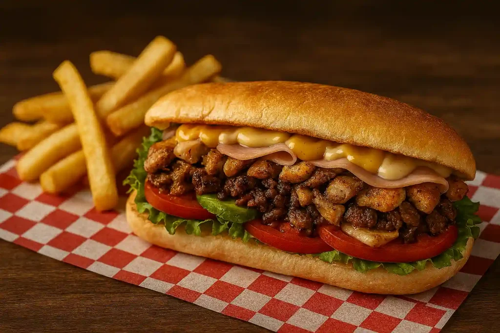 Pepito venezolano con pollo y carne, acompañado de papas fritas en Margarita