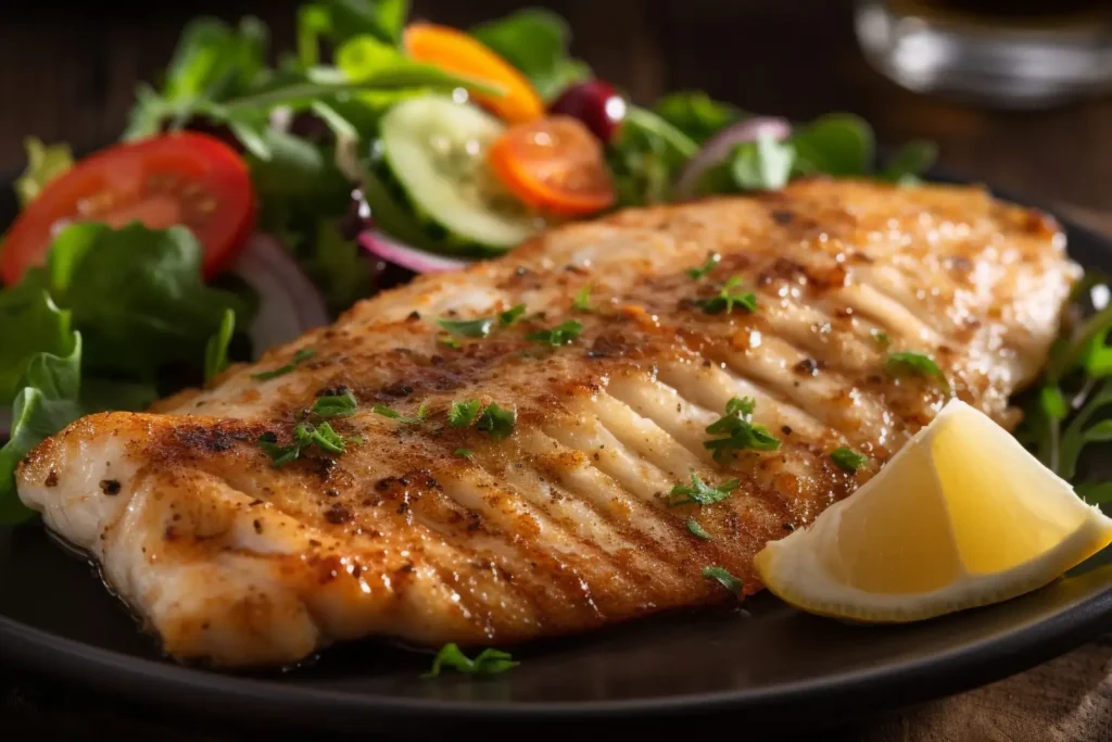 Filete de pescado a la plancha con ensalada fresca, almuerzo clásico margariteño