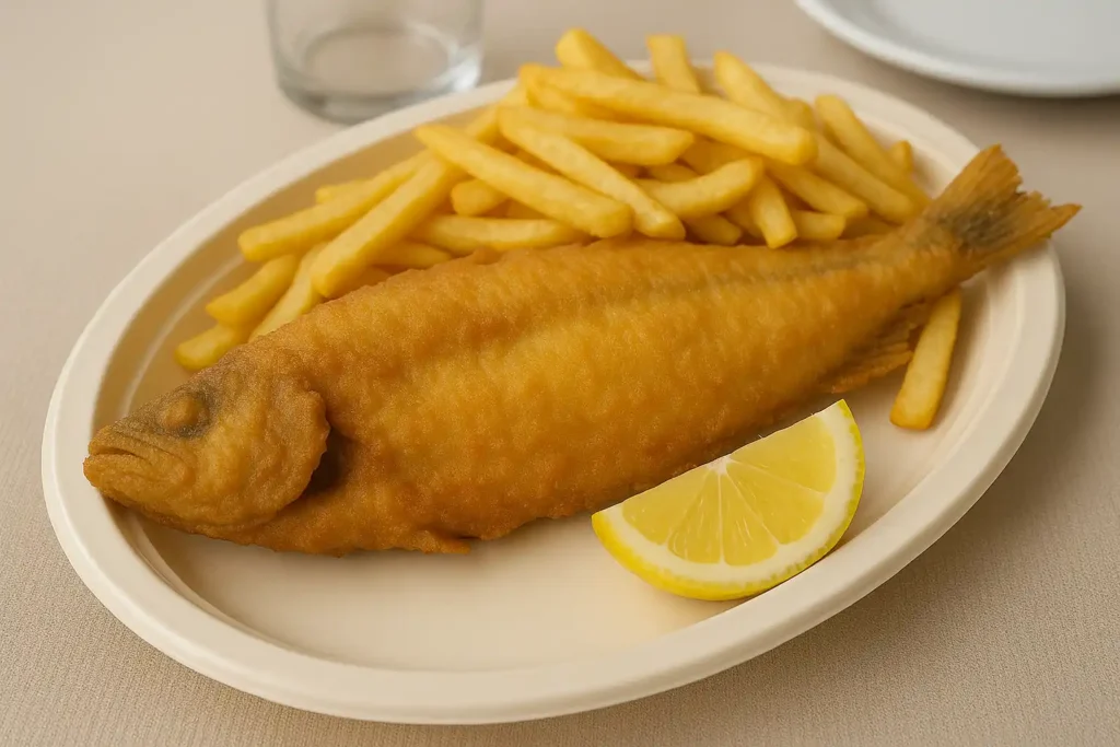 Plato sencillo de pescado frito con papas en pescados y mariscos en Punta de Piedras.