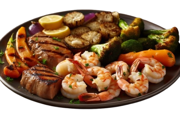 Proteína mar y tierra en Margarita, combinación de carne y mariscos en un mismo plato