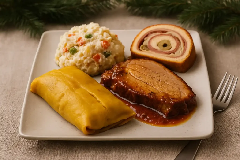 Plato navideño venezolano con hallaca, pernil, pan de jamón y ensalada de gallina