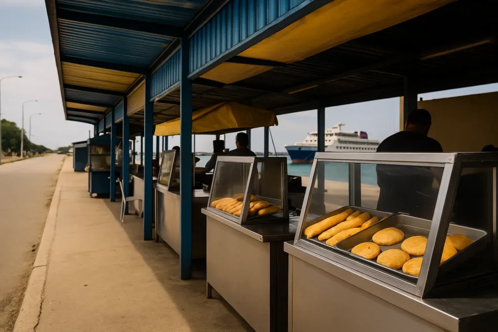 Puestos de comida en Punta de Piedras con bandejas de productos locales y vista al ferry al fondo.