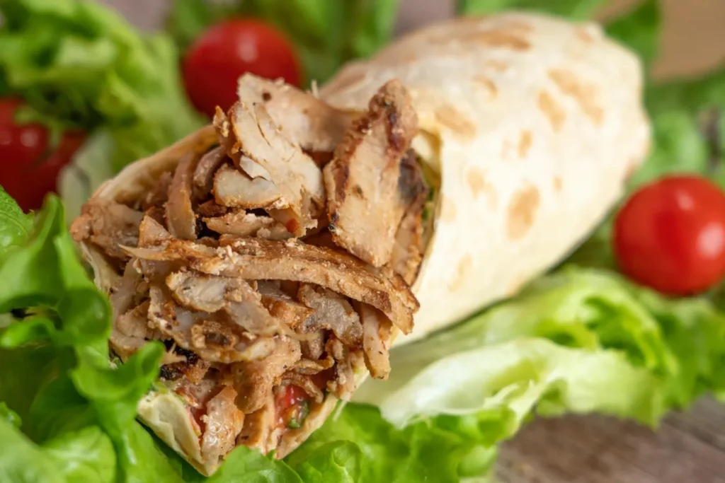 Shawarma árabe de pollo con vegetales frescos envuelto en pan pita y servido sobre hojas de lechuga