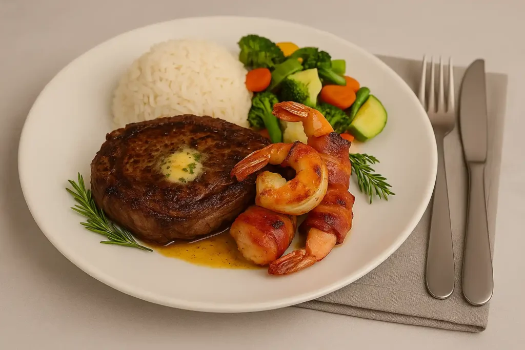 Steak con camarones envueltos en tocineta, arroz blanco y vegetales gourmet sobre plato blanco.